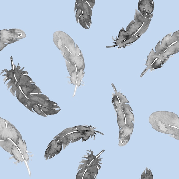 Feathers Summer Grey  Watercolor Seamless Pattern on Blue Background