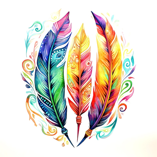 Feathers with patterns watercolor composition