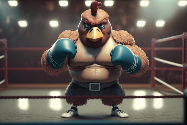 The Featherweight Champion A muscular rooster in boxing gear ready to fight in the ring