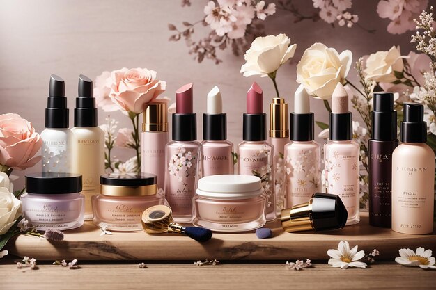 Feature a lineup of high end cosmetics on the wooden board contrasting with a dreamy floral background