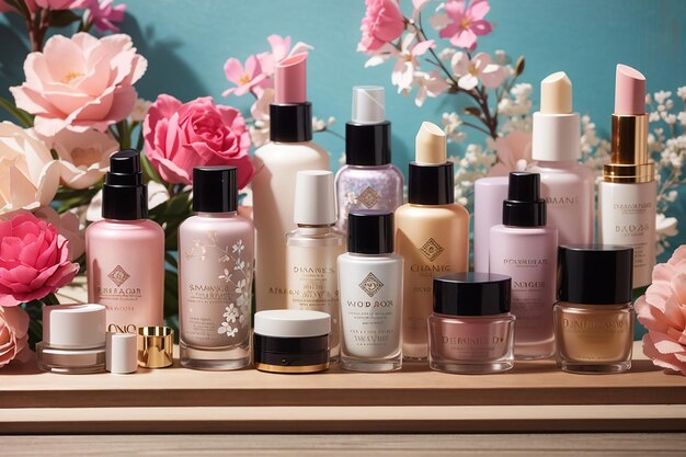 Feature a lineup of high end cosmetics on the wooden board contrasting with a dreamy floral background