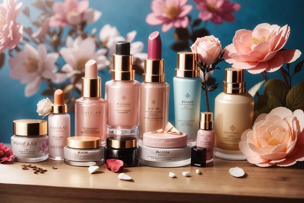 Feature a lineup of high end cosmetics on the wooden board contrasting with a dreamy floral background