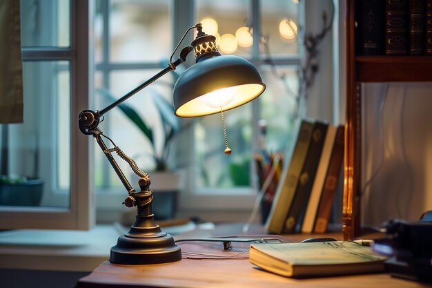 Photo feature a retro desk lamp with adjustable arm and generative ai