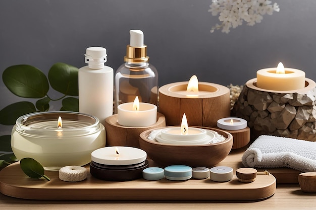 Feature a selection of organic skincare products and spa essentials on the wooden board with a tranquil zen garden setting
