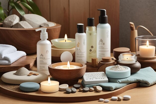 Feature a selection of organic skincare products and spa essentials on the wooden board with a tranquil zen garden setting