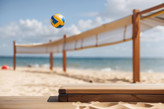 Feature a wooden board against a defocused beachfront volleyball game