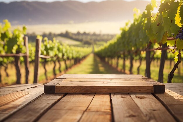 Feature a wooden board against a defocused vineyard with rows of grapevines