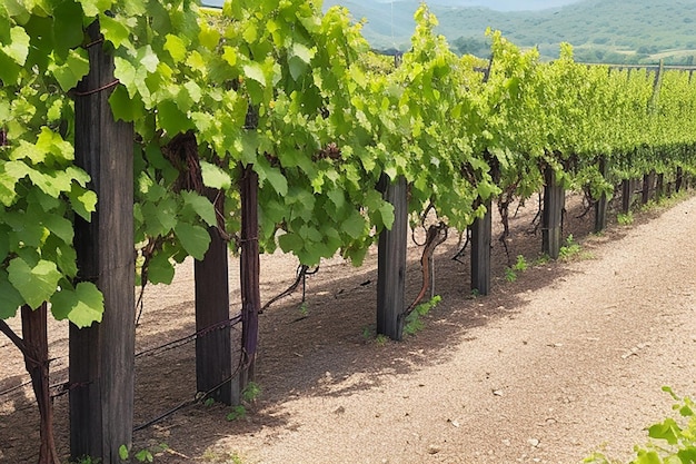 Деревянная доска на фоне размытого виноградника с рядами виноградных лоз