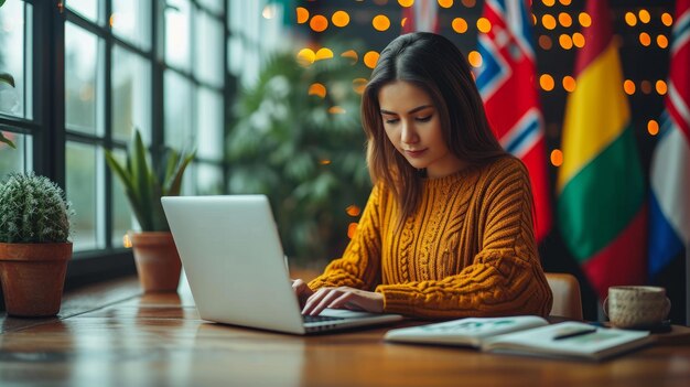 Featured is a young Asian woman foreign language teacher sitting at workdesk and using laptop An international flag is selectively positioned on the screen as she uses the laptop