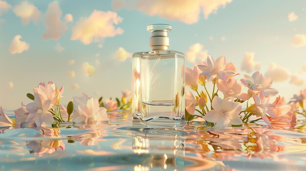 Featured in this 3D ad is a glass bottle with a shimmer of the sky on a beige background Translucent flowers and a surreal floor of water