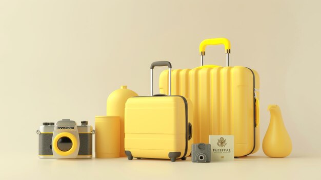 Photo featured in this 3d set is a yellow suitcase and a camera on a creamcolored background