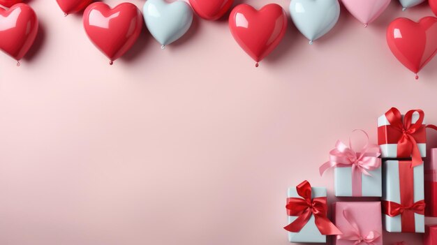 Features heartshaped balloons in shades of red and white floating on a pink background with gift bo