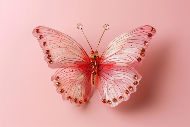 Фото С розовой бабочкой на розовом бумажном фоне есть место для текста и изображений генеративный ии