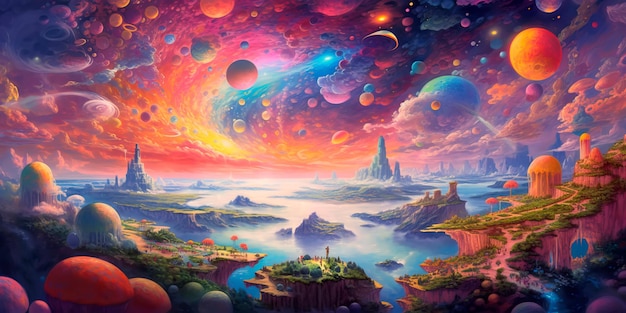 В нем представлено небесное царство, где множество захватывающих плавающих сфер грациозно дрейфуют среди гобелена космических цветов.