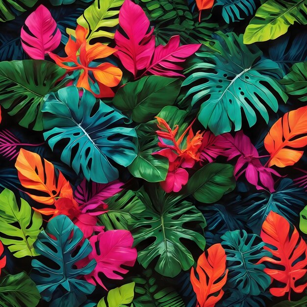 С творческой цветовой планировкой, состоящей из тропических листьев, расположенных в плоской форме на фоне неоновых цветов