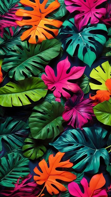 Featuring a creative color layout composed of tropical leaves arranged in a flat lay fashion set against a backdrop of neon colors ai generative