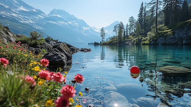 A featuring a crystalclear lake surrounded by vibrant wildflowers generative ai