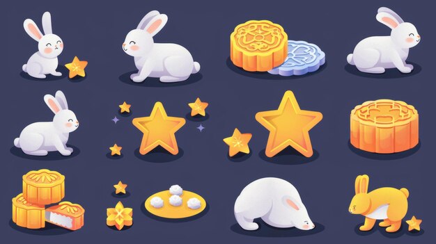 Featuring cute rabbits stars mooncakes and a mooncake house on a dark blue background