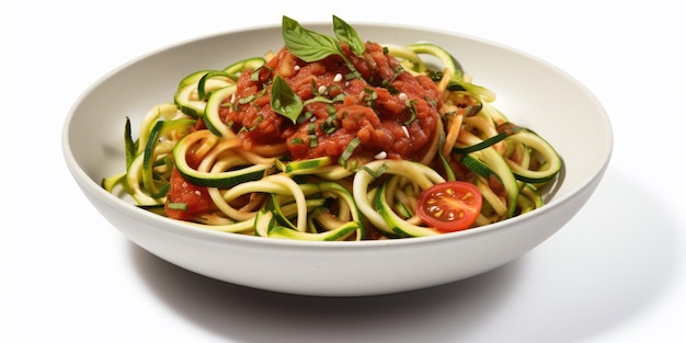 Photo featuring a delicious bowl of zucchini noodles with tomato sauce elegantly isolated on a white back
