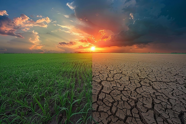 featuring a half photo of green field and other side dry cracked land two different landscape hal