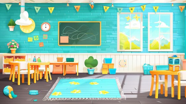 Photo featuring kindergarten classroom furniture chalkboards and toys for kids39 education and play modern illustration of a preschool child on the way to school and playing