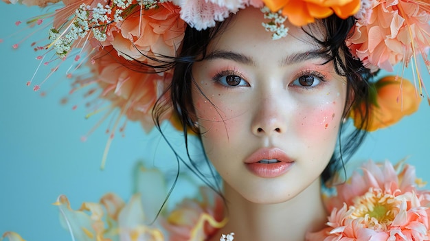 パステル色の背景に花色の服を着たアジア人女性を描いた雑誌の表紙