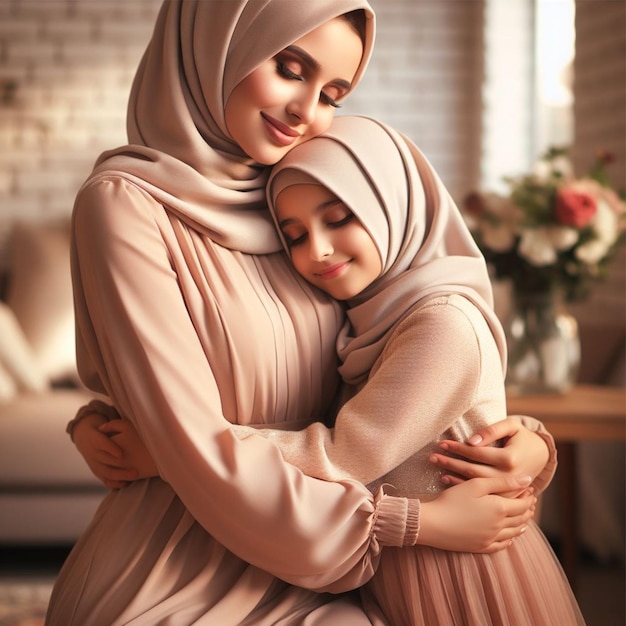 Featuring a mother and her daughter embracing in a tender hug