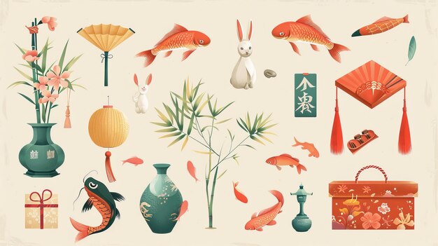 Featuring a risograph effect on beige background with koi fish bunnies red envelopes bamboo gifts plum blossoms fortune bags doufang with tassels