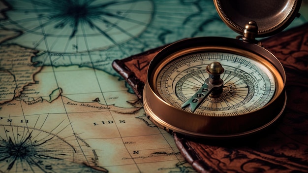 Изображение с изображением старинного компаса, лежащего на карте старого мира, с песочными часами, сидящими рядом. Компас указывает на выделенную область на карте. Сокровище. Генеративный ИИ.