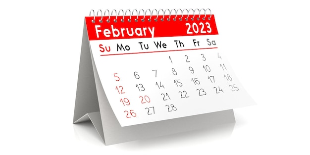 Februari 2023 tabel kalender 3D illustratie