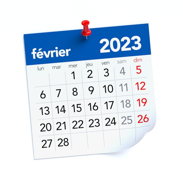 Foto februari kalender 2023 in franse taal geïsoleerd op witte achtergrond 3d illustratie