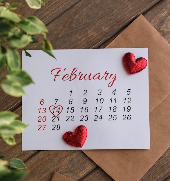 Februari-kalenderkalender plat lag de valentijnsdag van februari