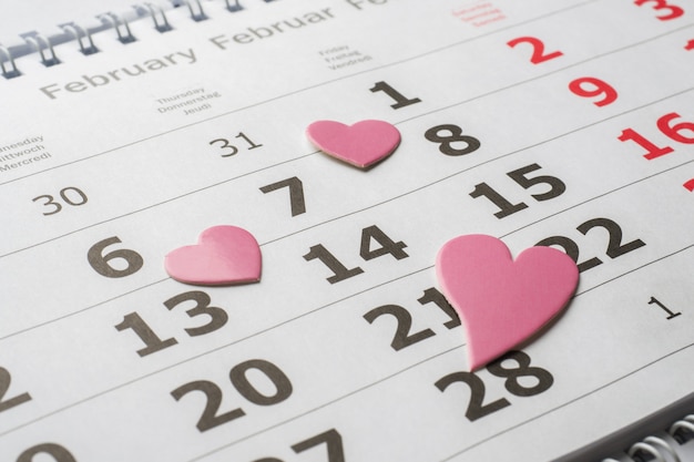 February 14 Calendar. Valentine's day concept red hearts