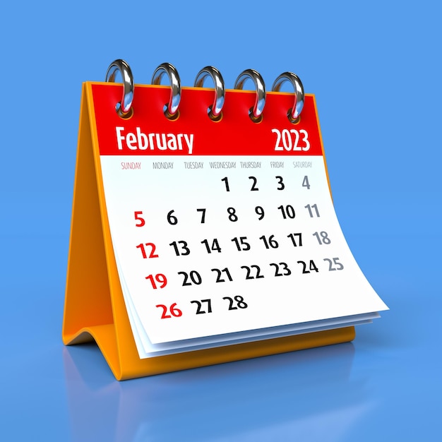 Календарь на февраль 2023 года изолирован на синем фоне 3D Иллюстрация