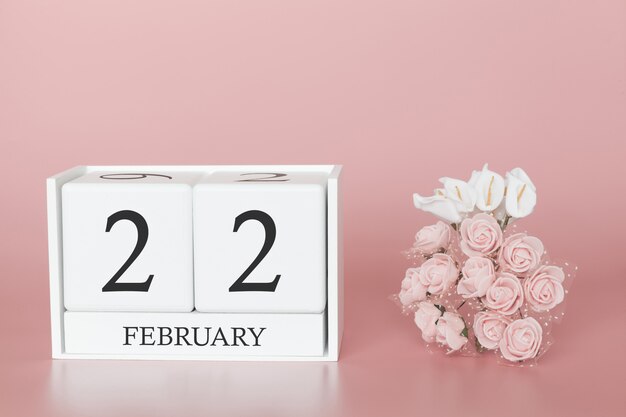 February 22nd. Day 22 of month. Calendar cube on modern pink background, concept of bussines and an importent event.
