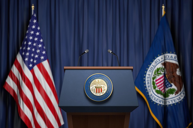 Foto concetto di conferenza stampa del presidente della federal reserve fed of usa tribune con il simbolo e la bandiera di frs e degli stati uniti