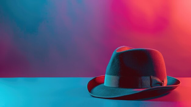 Foto cappello fedora su sfondo blu e rosa colorato che suggerisce un'atmosfera elegante e alla moda