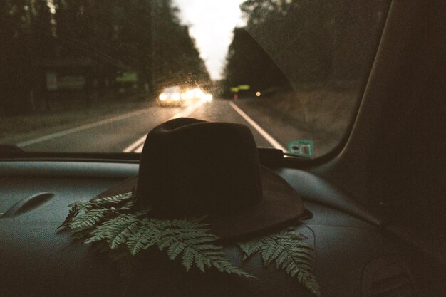 Foto fedora hoed achter in de auto.