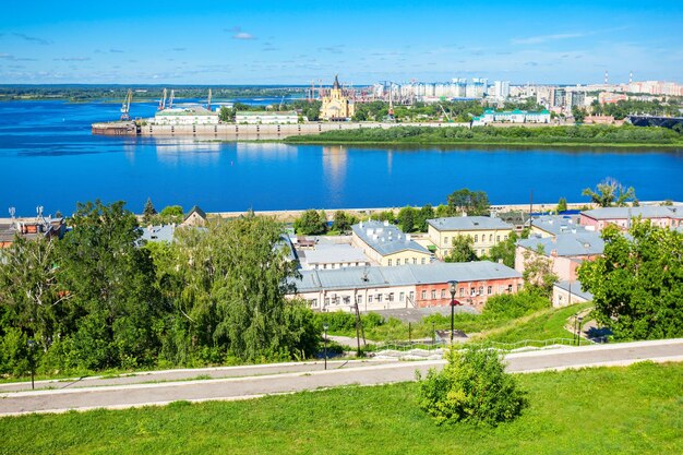 Панорамный вид с воздуха на Федоровскую набережную в Нижнем Новгороде. Нижний Новгород - пятый по величине город России и центр Нижегородской области.