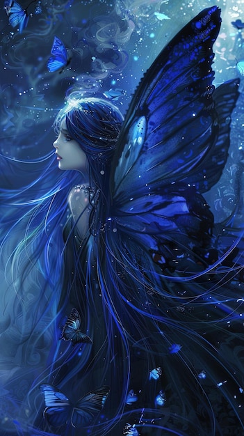 Fee in middernachtblauwe kleuren met donker middernacht blauw haar met enorme vlindervleugels