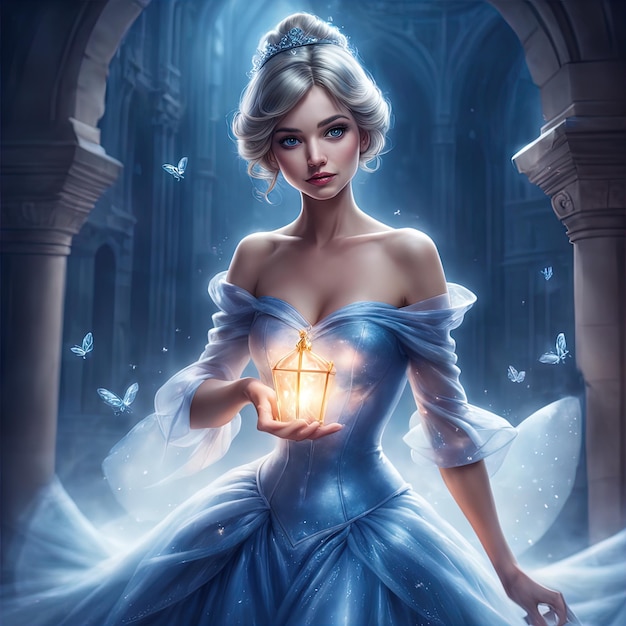 fee met blauwe jurk in een donker bos met een magische lamp een magisch sprookje fantasieverhaal magische fee