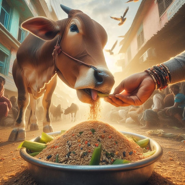 Feeding food to Indian cow
