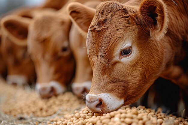 Photo feeding time closeup of calves on the farm