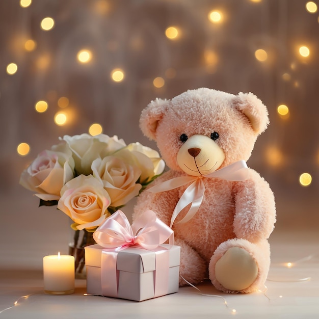 Foto feeën lichten geschenken en bloemen met kleine teddybeer