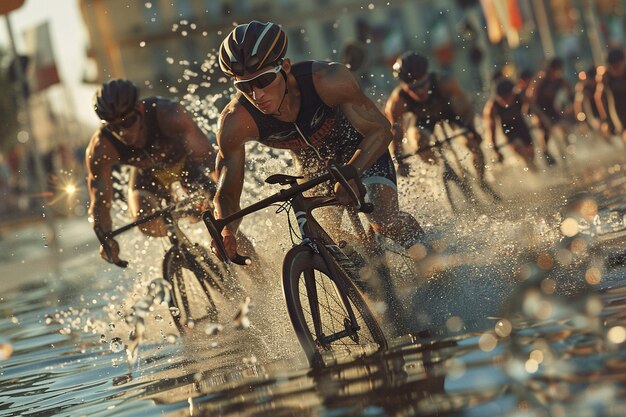 Foto senti l'adrenalina di una competizione di triathlon come ai generativo