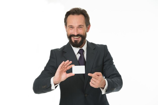 Feel free to contact me Businessman happy hold plastic blank white card Business man carries credit card Banking services for business Custom design making your card unique Business card design