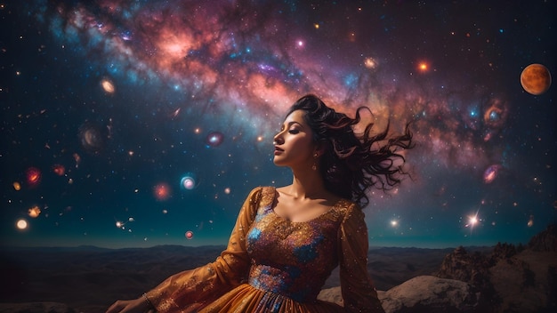 Feel the Universe A Girl in the Space's Starry Night Reverie with Galaxies Nebulae and Luminesce