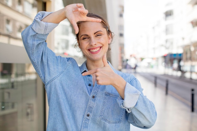 Foto sentirsi felici, amichevoli e positivi, sorridere e fare un ritratto o una cornice fotografica con le mani.