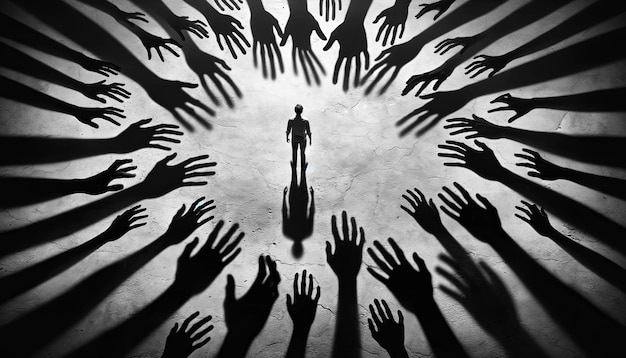 Feeling overwhelmed monochrome conceptual image of man and outstretched hands