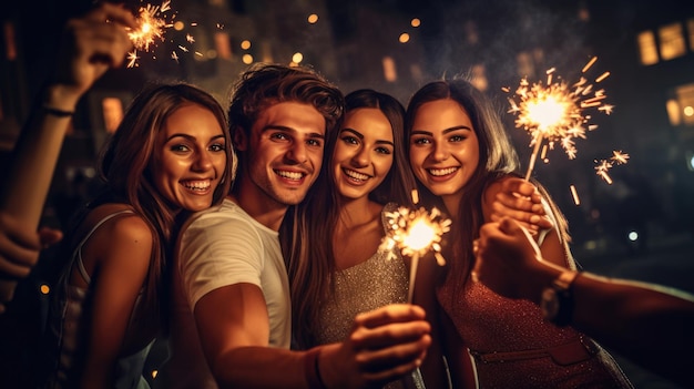 Feest met vrienden Groep vrolijke jonge mensen met vonken en champagnefluitjes